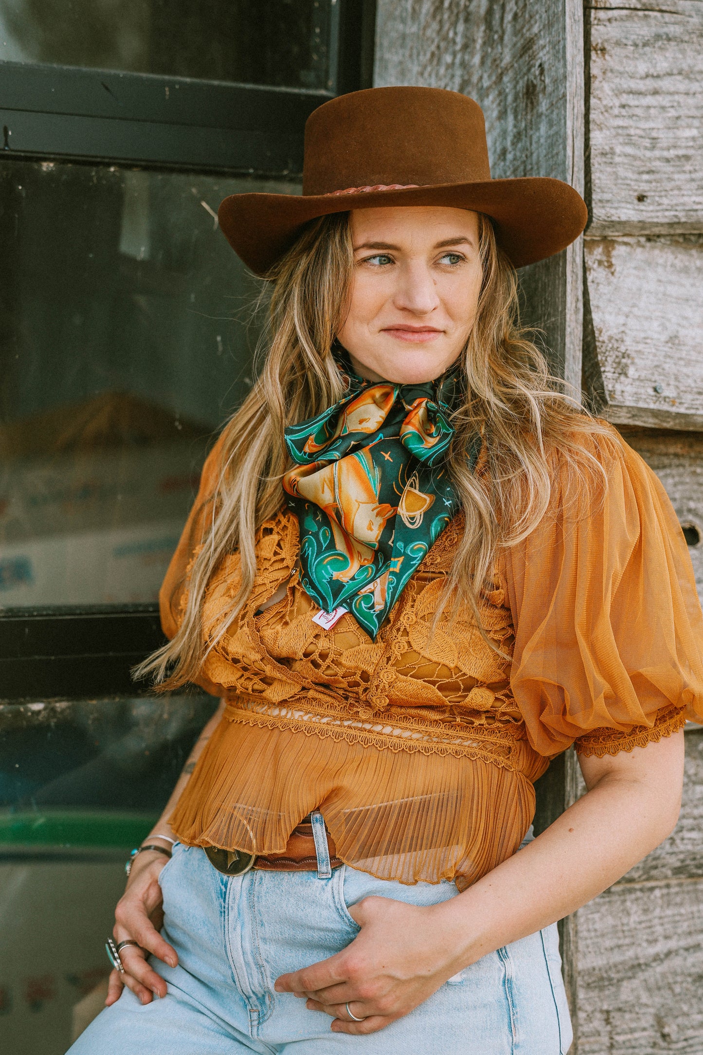 Cosmic Cowgirl: 35x35 Western Mulberry Silk Wild Rag Cowgirl
