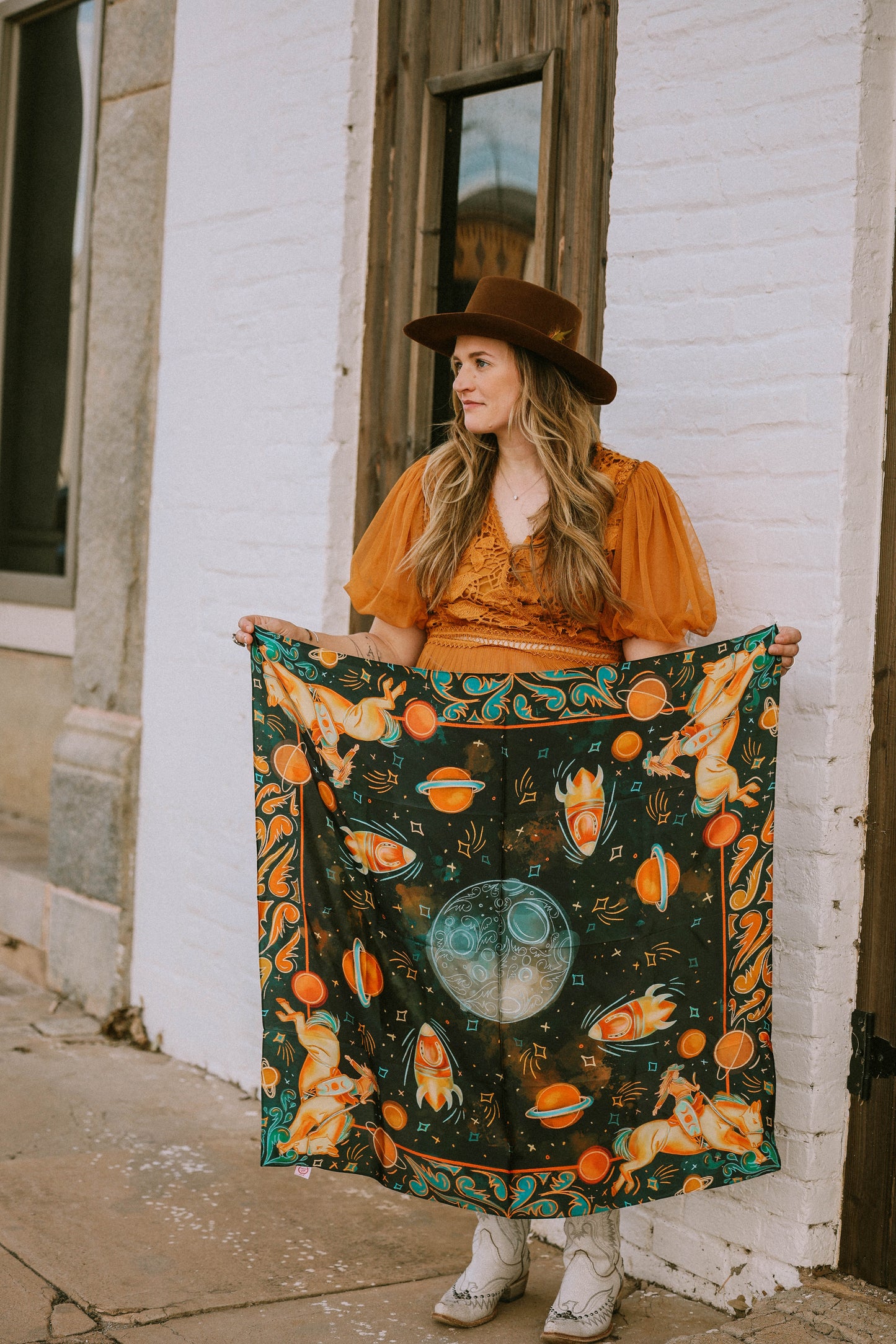 Cosmic Cowgirl: 35x35 Western Mulberry Silk Wild Rag Cowgirl