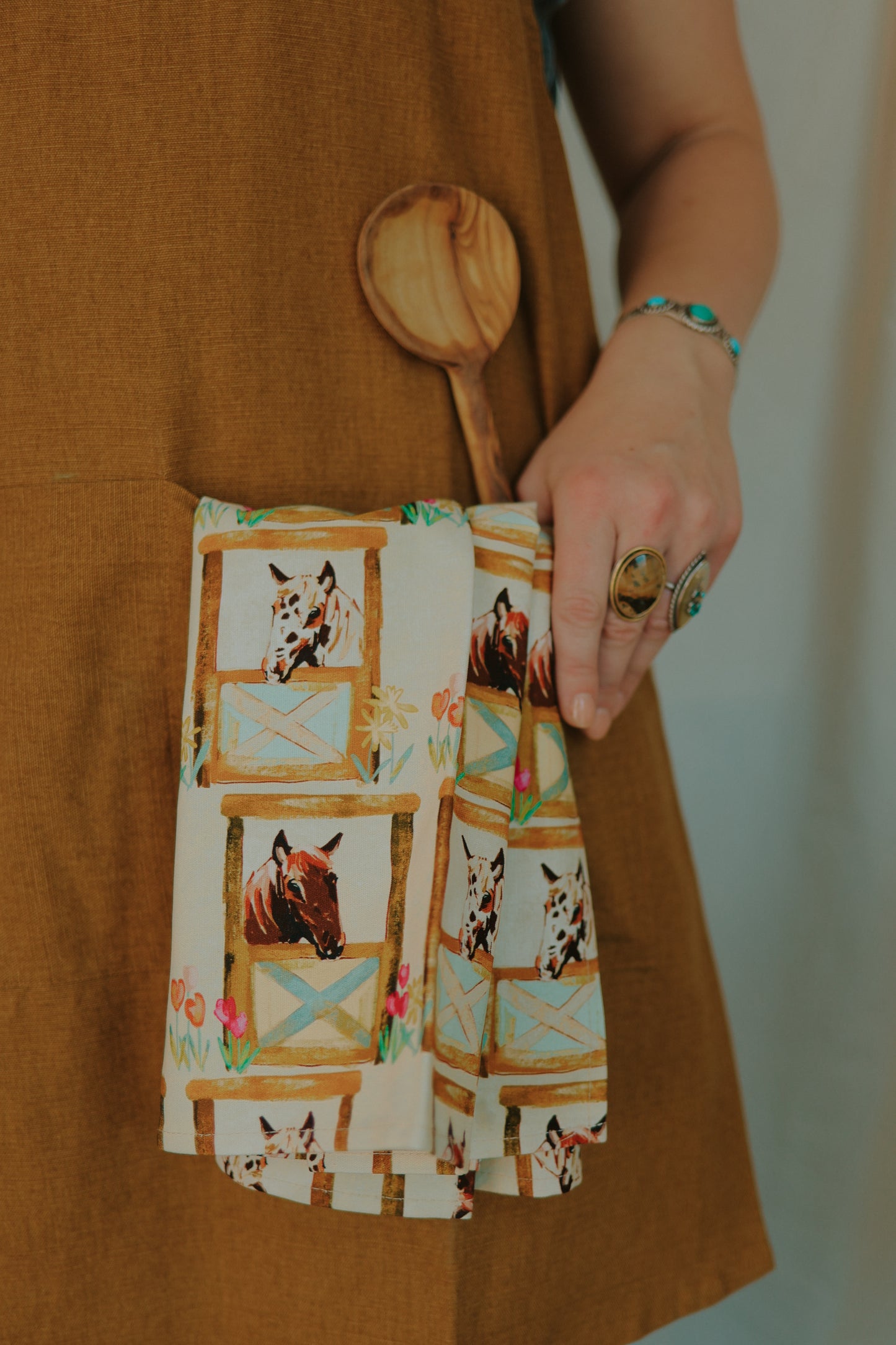 Western Spring Horses in the Barn with Flowers Tea Towel