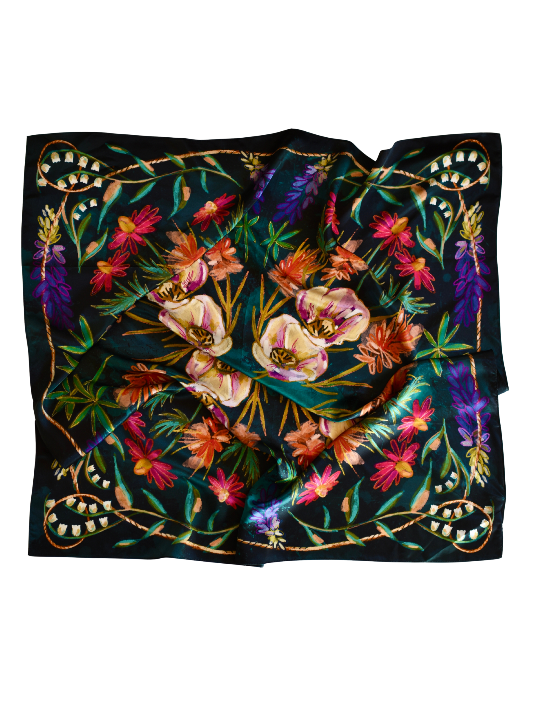 Large 100% Mulberry Silk 35x35: Vivid Wildflowers Western Cowgirl