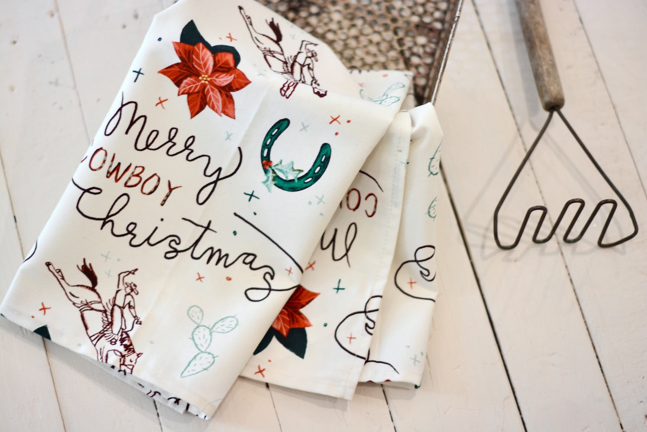 Merry Cowboy Christmas Towel: Western Christmas Kitchen Tea Towel