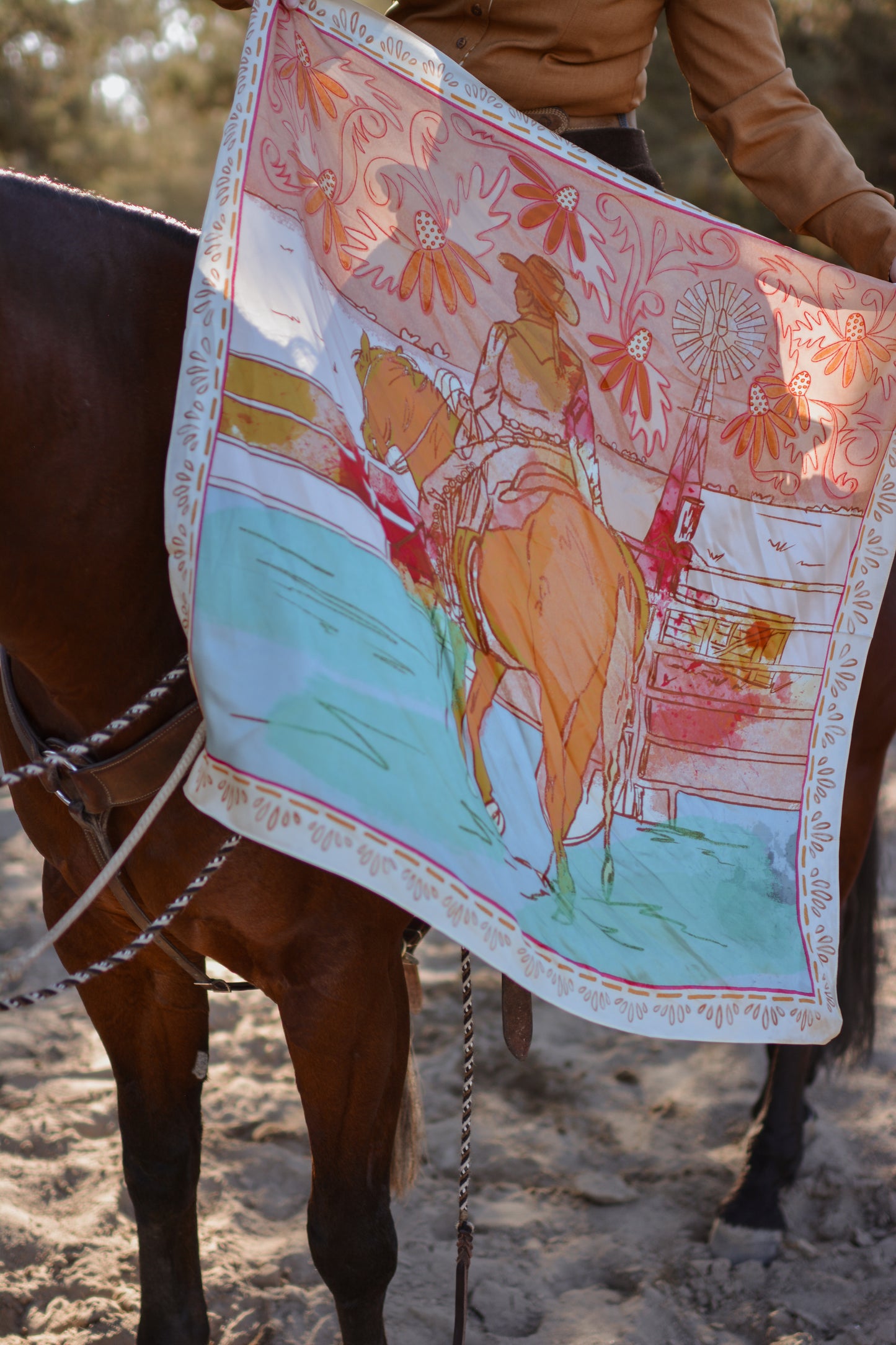Western Corral and Floral Horse Rider: Cowgirl Scarf: 35x35 Western Mulberry Silk Wild Rag