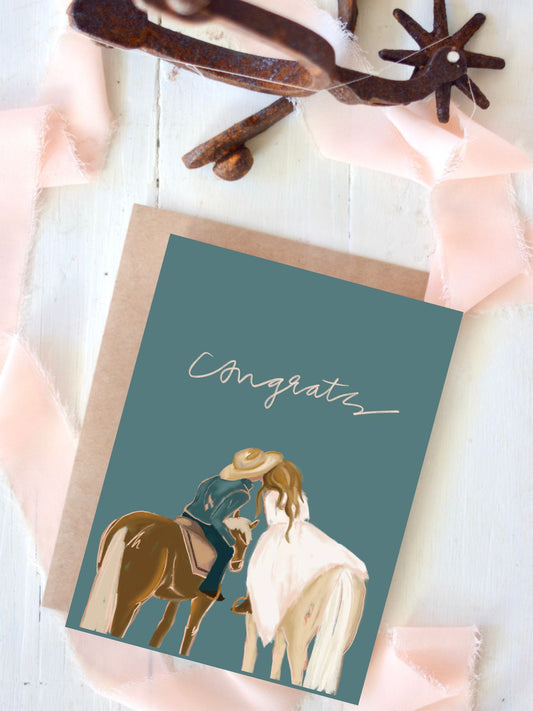 Congrats Horseback Bride and Groom Wedding Card