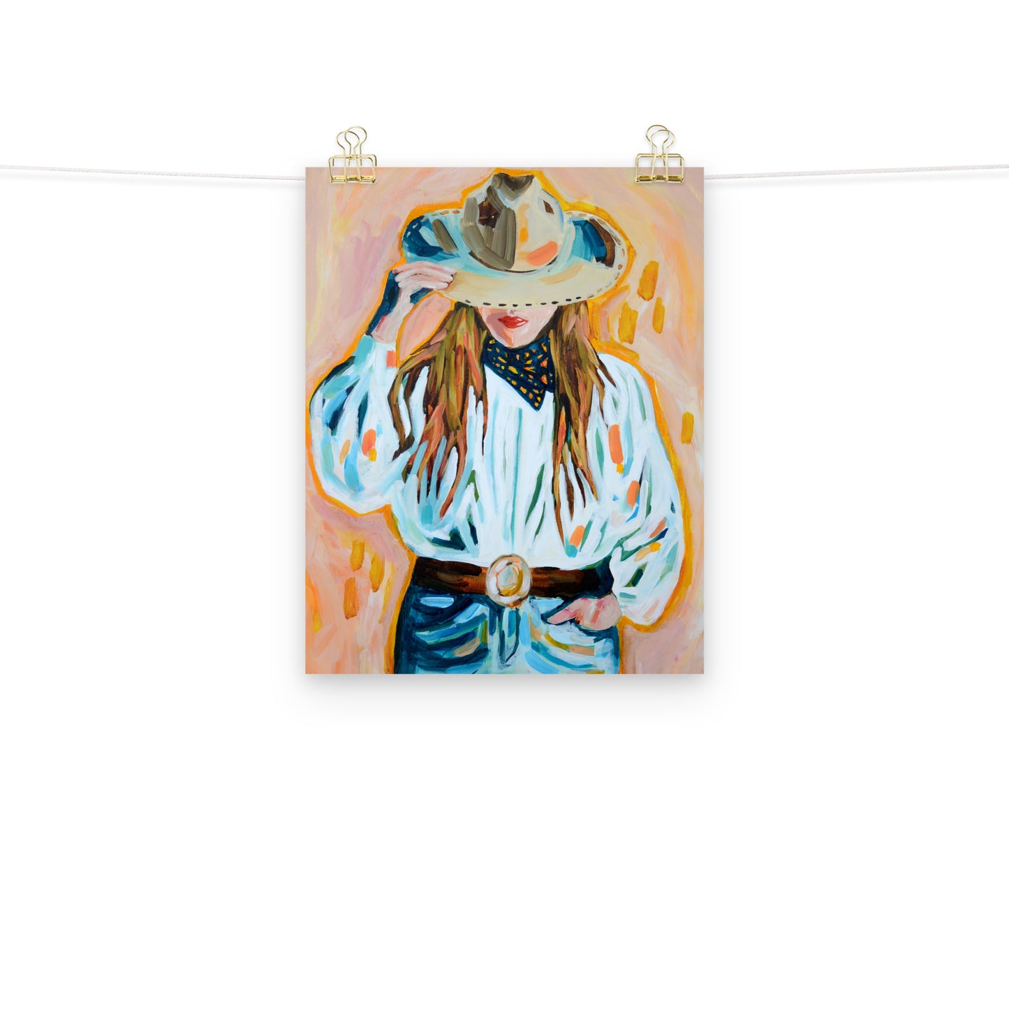 Cowgirl Western Archival Art Print with Cowboy Hat and Rodeo Queen Painting