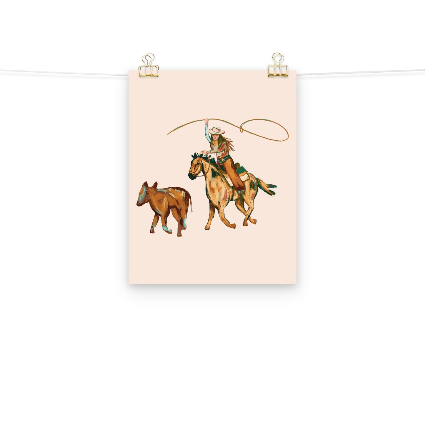 Rodeo Cowgirl with Calf Western Art Print