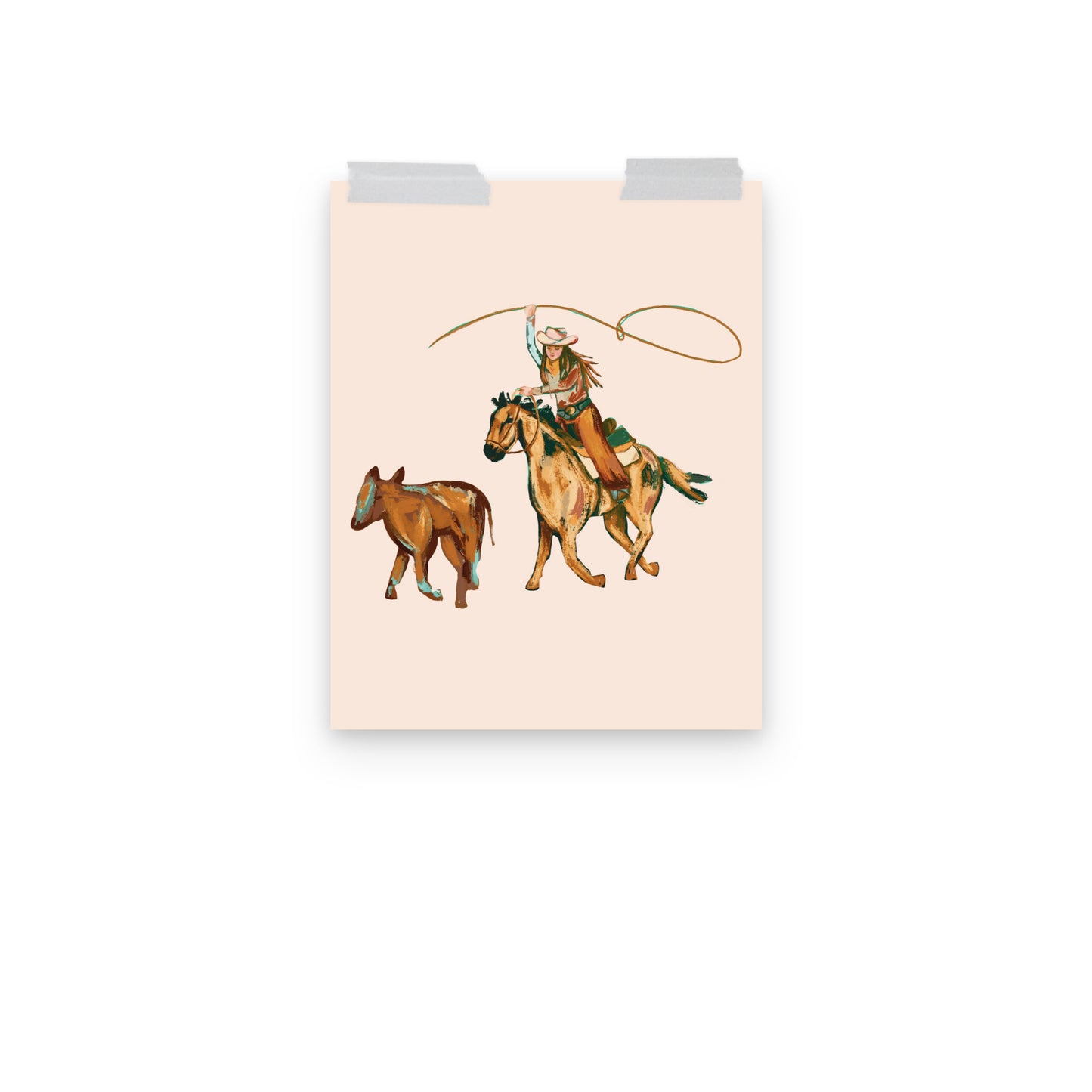 Rodeo Cowgirl with Calf Western Art Print