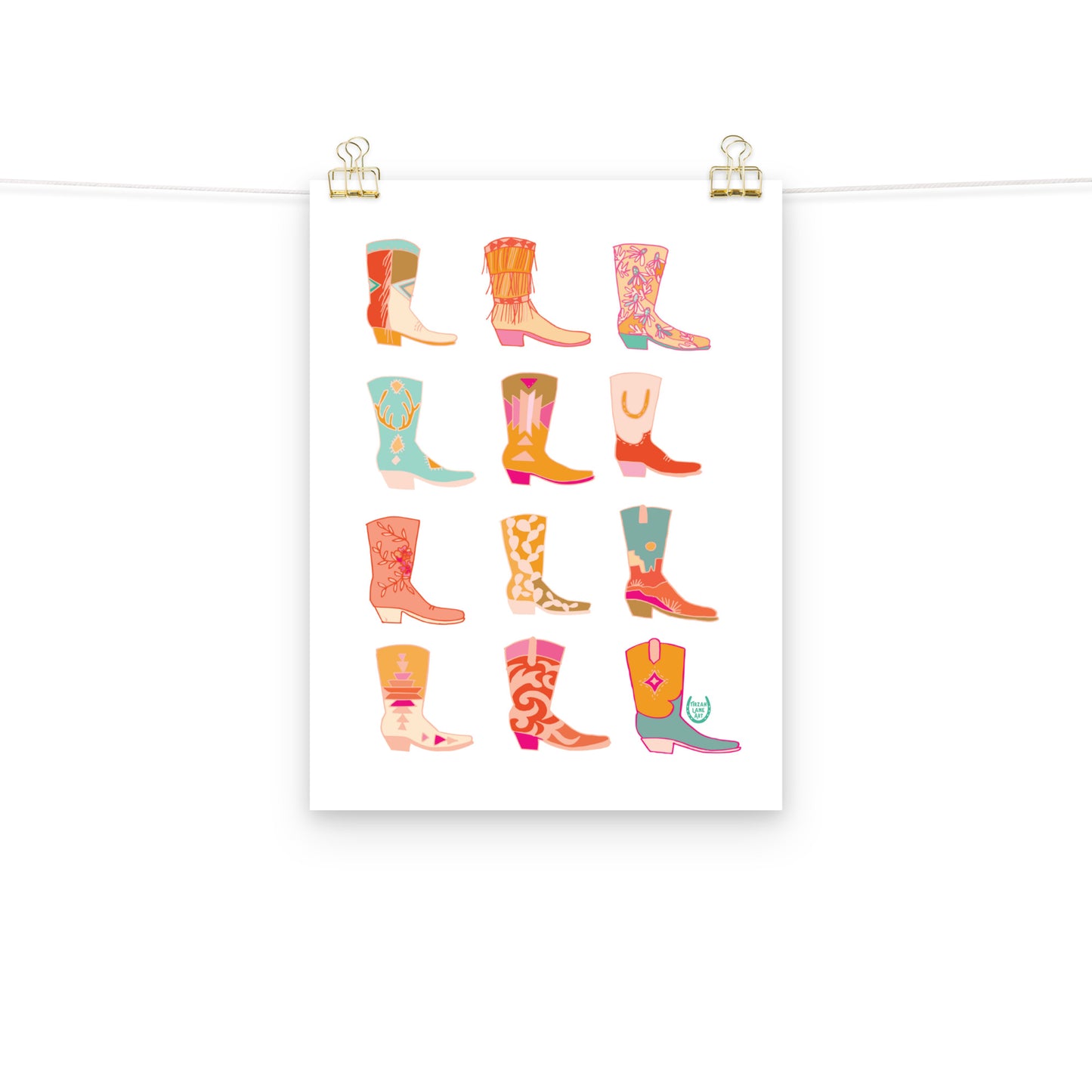 Cowgirl Western Colorful Pink Art Print Cowboy Boots Wall Art