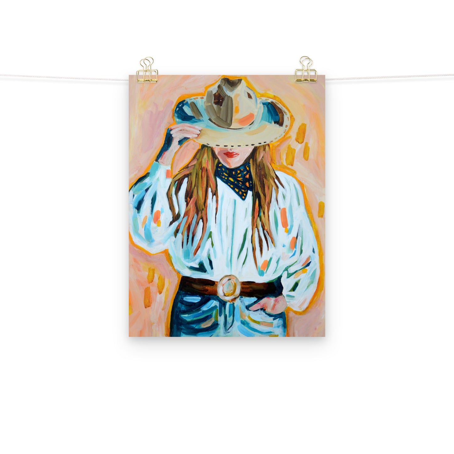Cowgirl Western Archival Art Print with Cowboy Hat and Rodeo Queen Painting