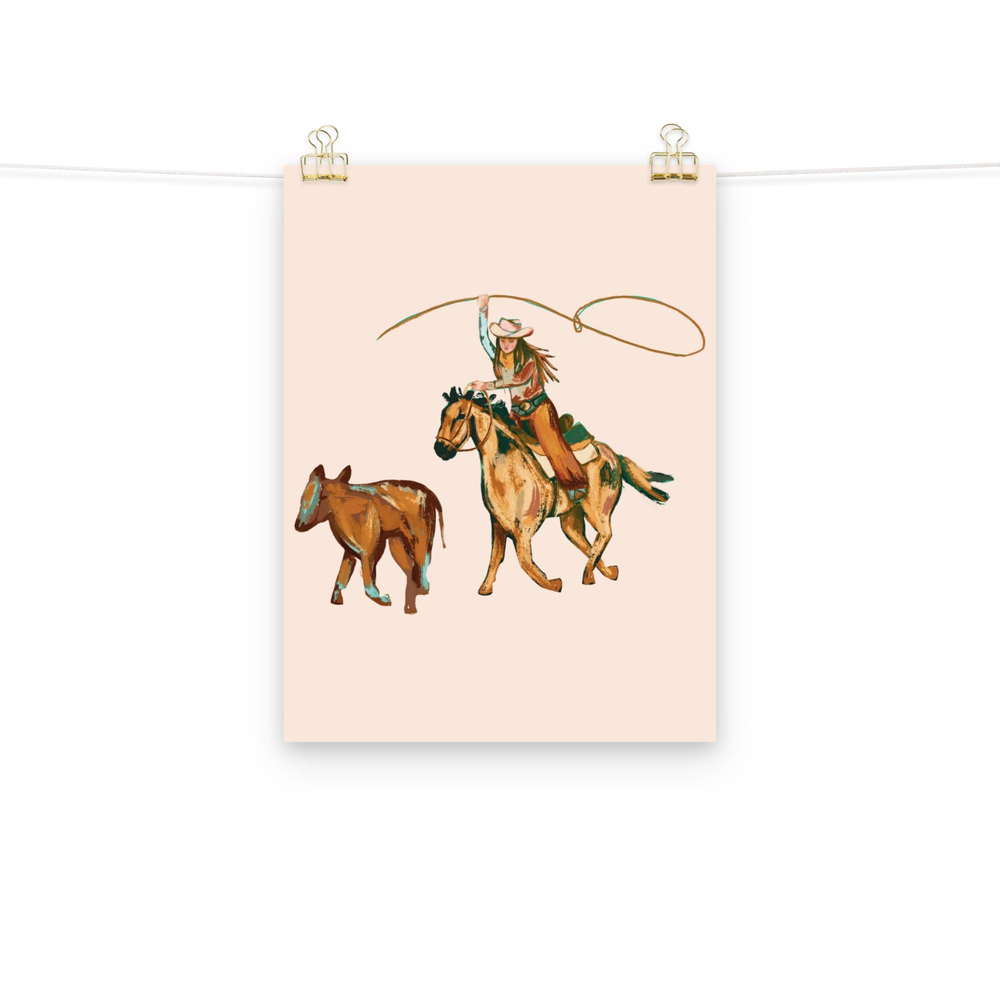 Rodeo Cowgirl with Calf Western Art Print