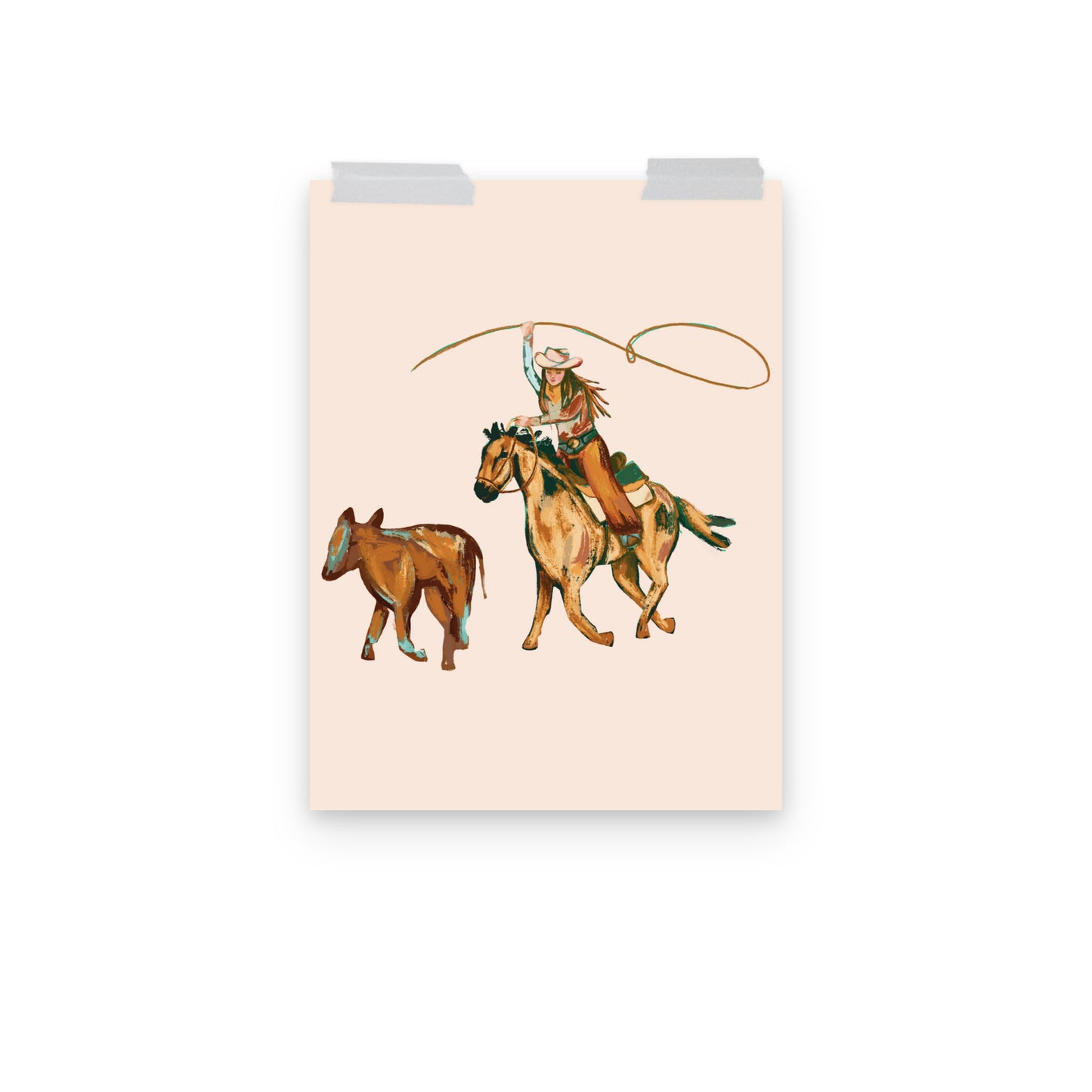 Rodeo Cowgirl with Calf Western Art Print