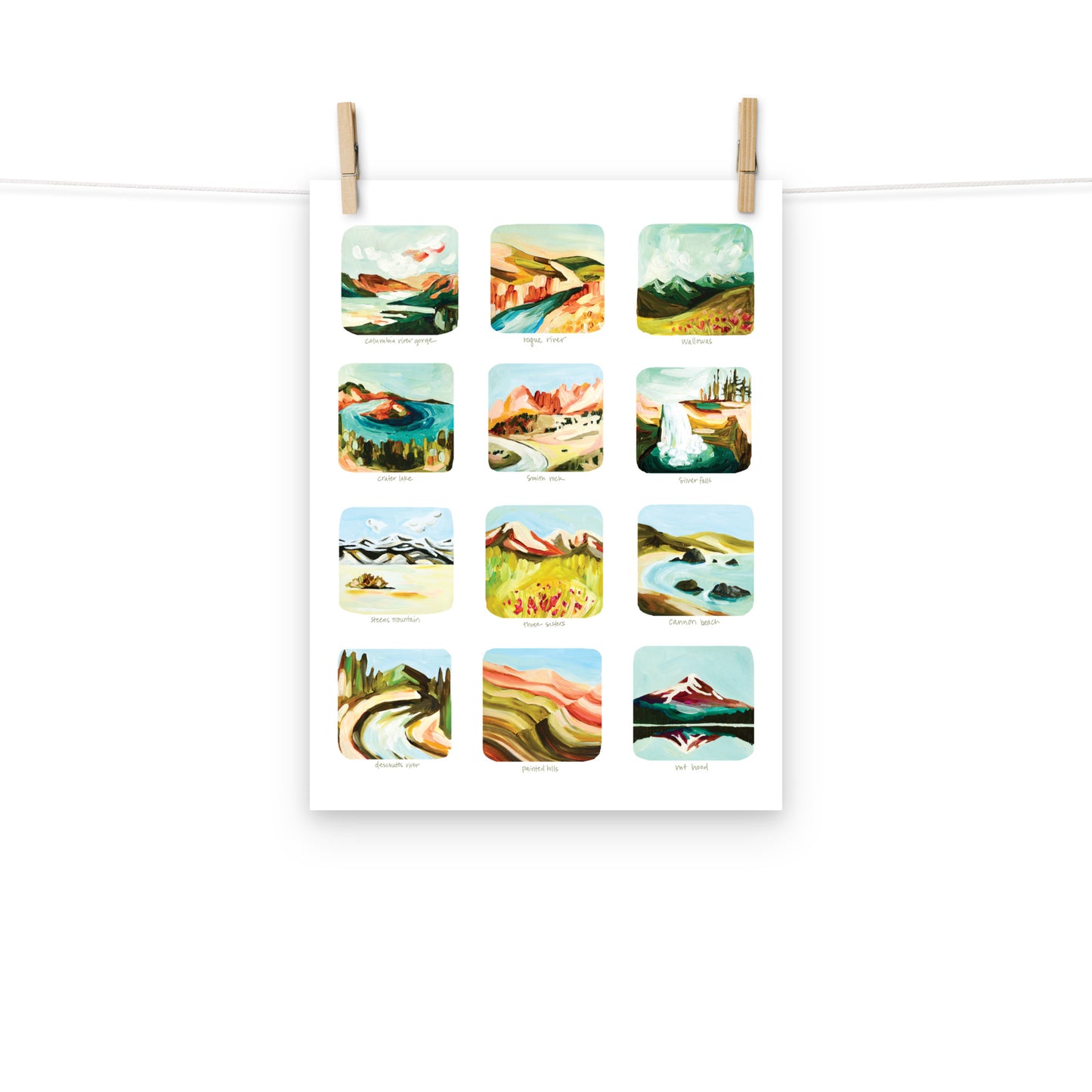 Oregon Colorful Art Print, Scenes of Oregon Art Print, 12 Oregon Mountains, Waterfalls and State Parks Art Print