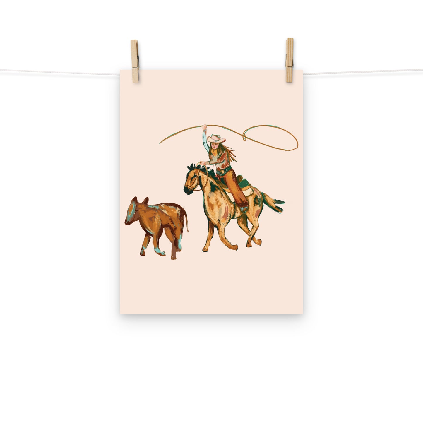 Rodeo Cowgirl with Calf Western Art Print