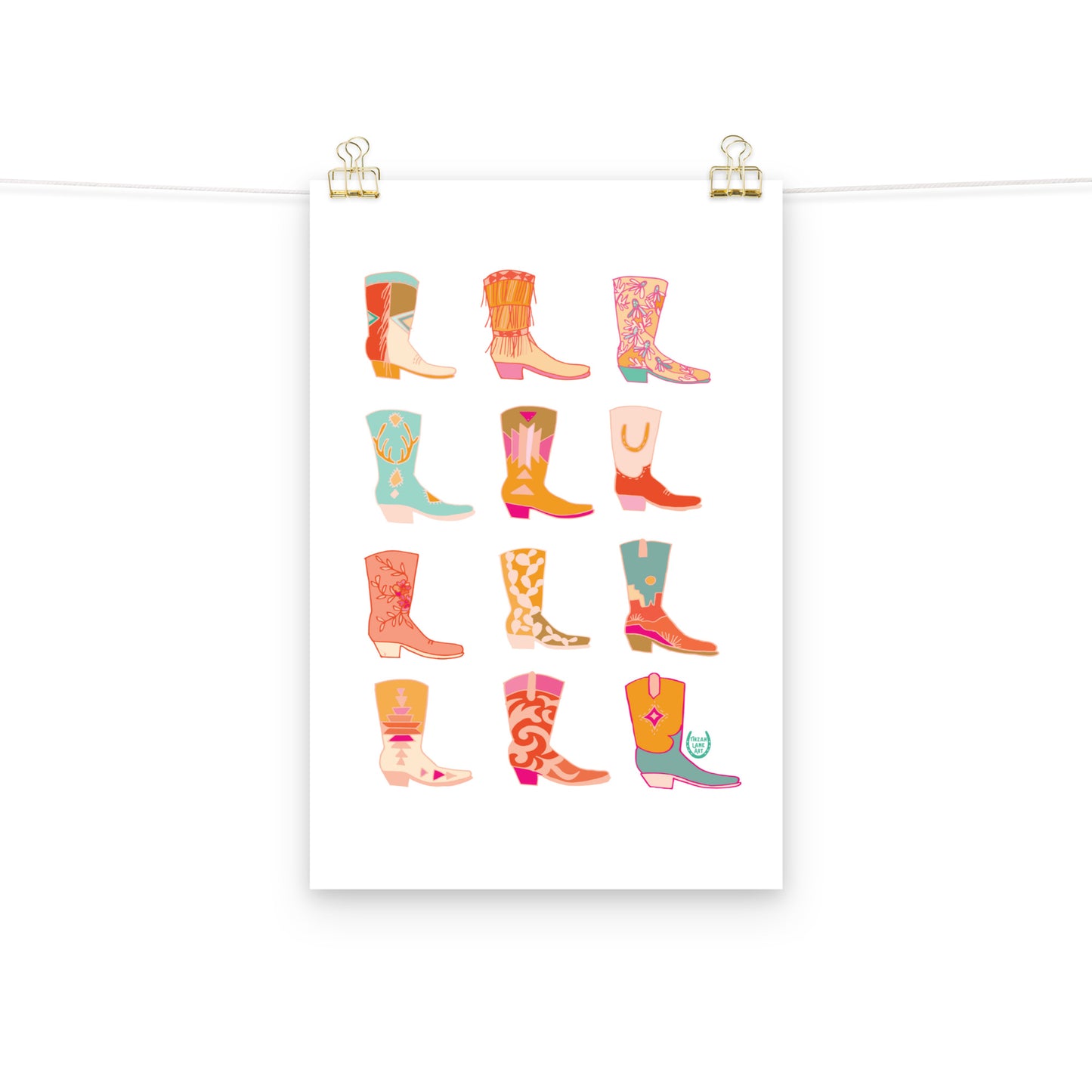 Cowgirl Western Colorful Pink Art Print Cowboy Boots Wall Art