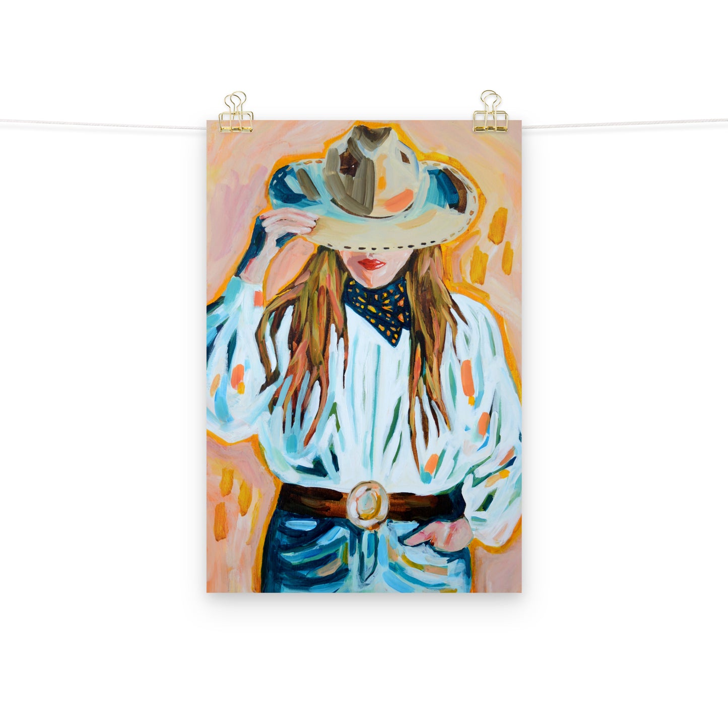 Cowgirl Western Archival Art Print with Cowboy Hat and Rodeo Queen Painting