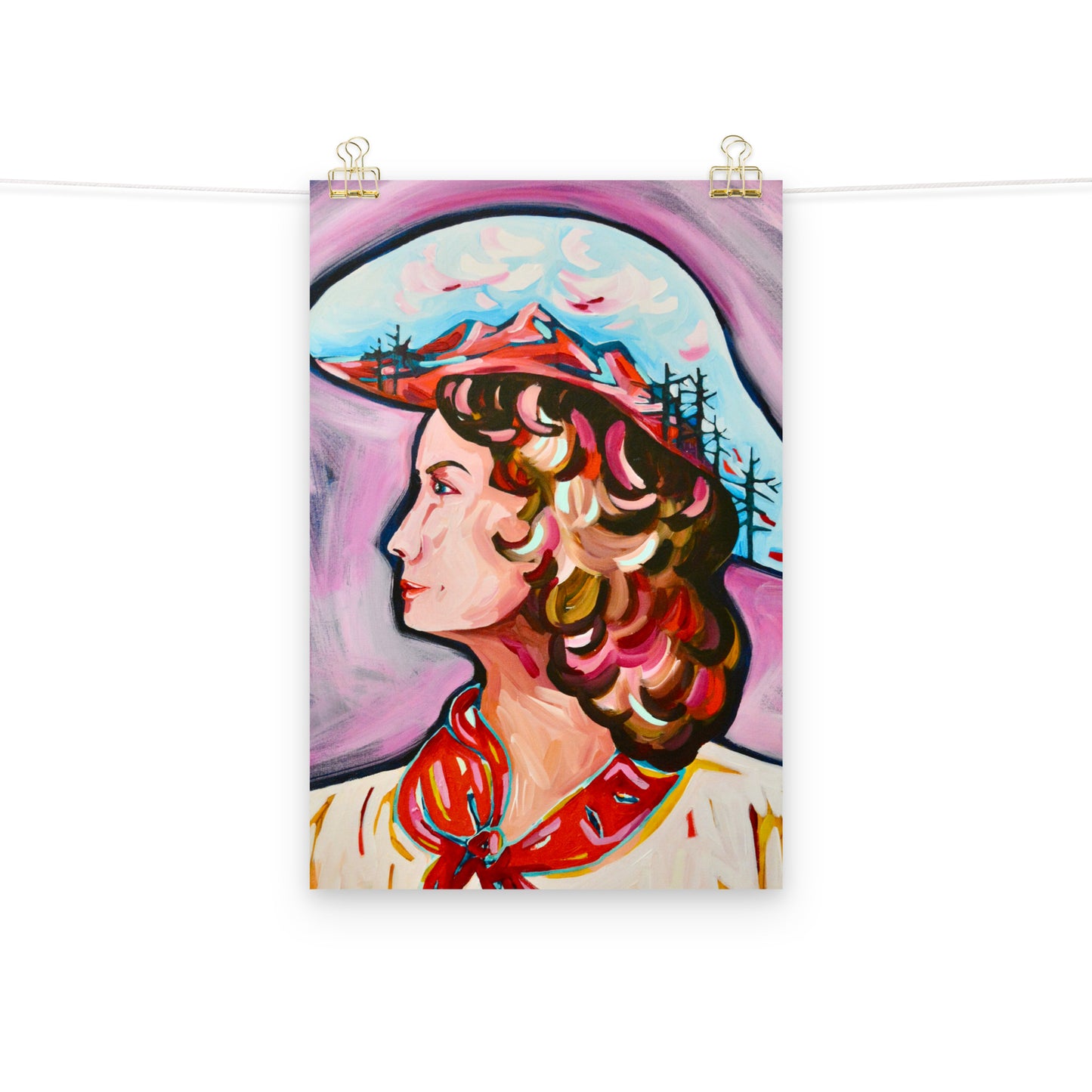 Cowgirl Art Print, Cowboy Hat Western, Mountain Range