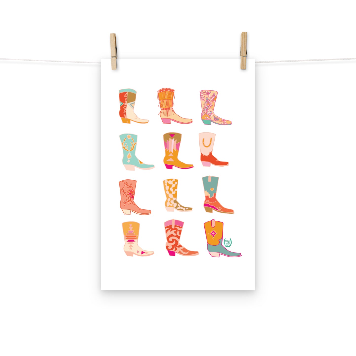 Cowgirl Western Colorful Pink Art Print Cowboy Boots Wall Art