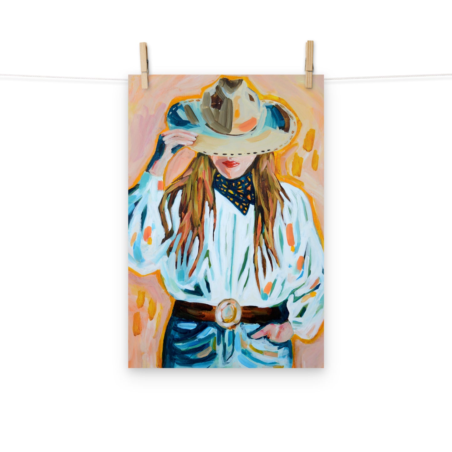 Cowgirl Western Archival Art Print with Cowboy Hat and Rodeo Queen Painting
