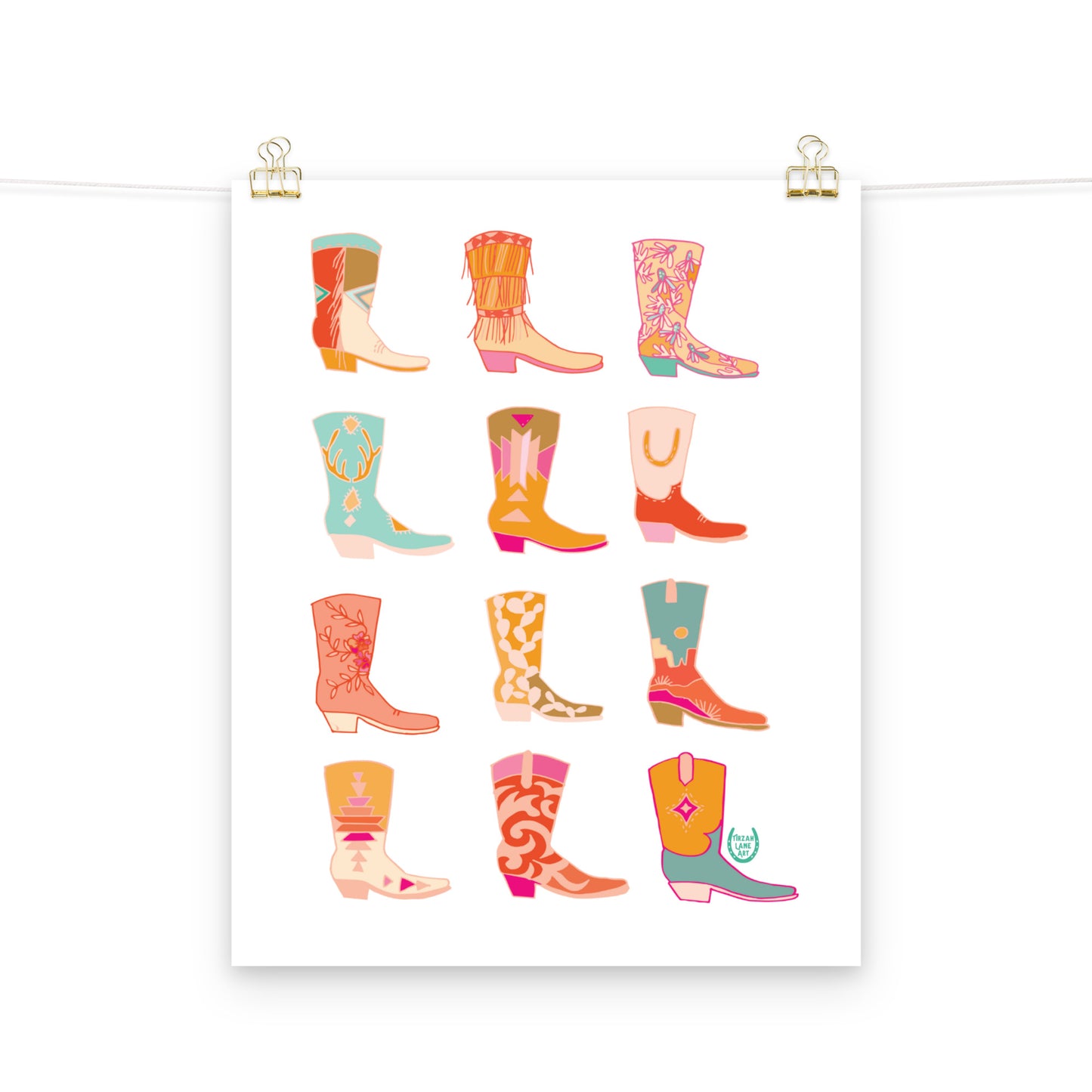 Cowgirl Western Colorful Pink Art Print Cowboy Boots Wall Art
