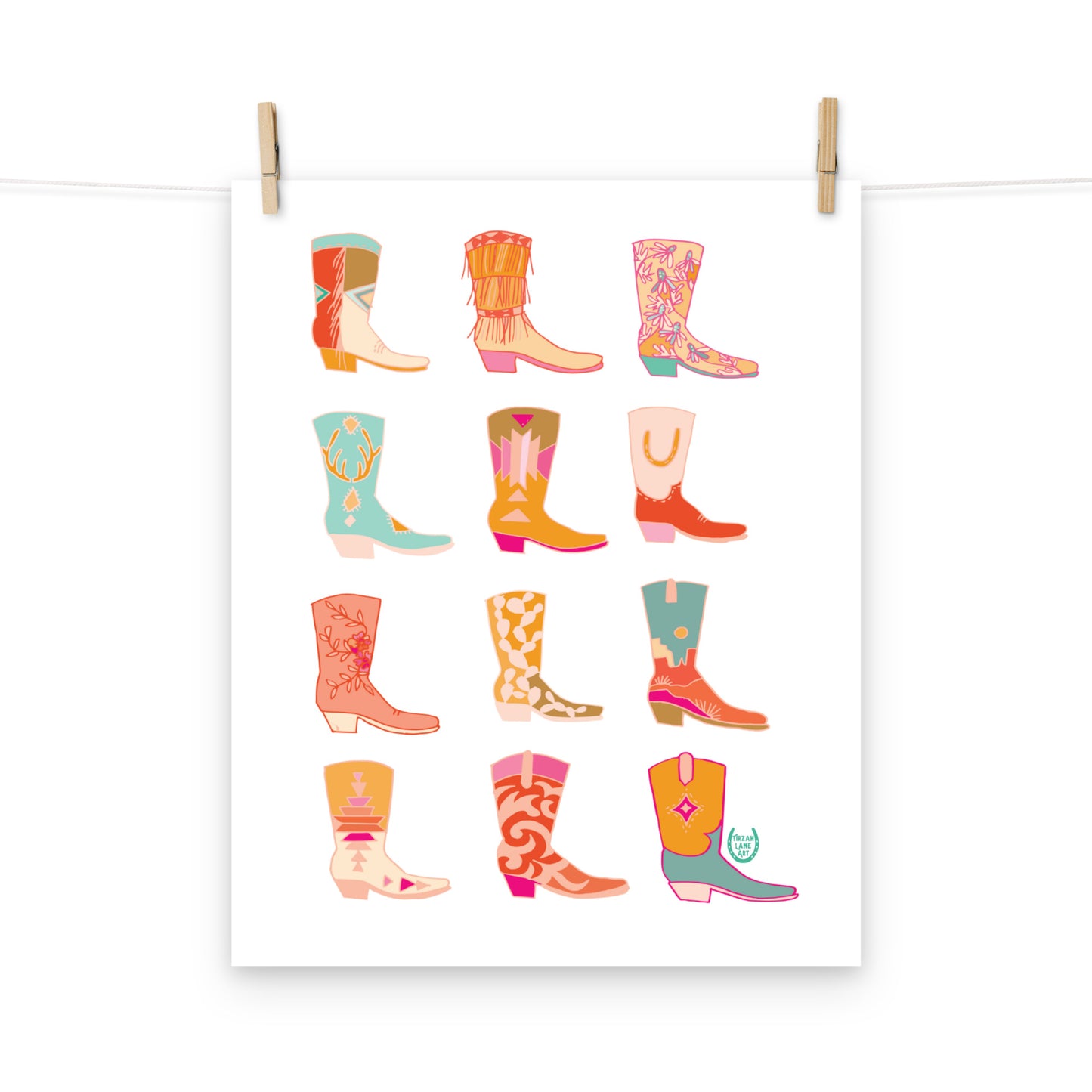 Cowgirl Western Colorful Pink Art Print Cowboy Boots Wall Art
