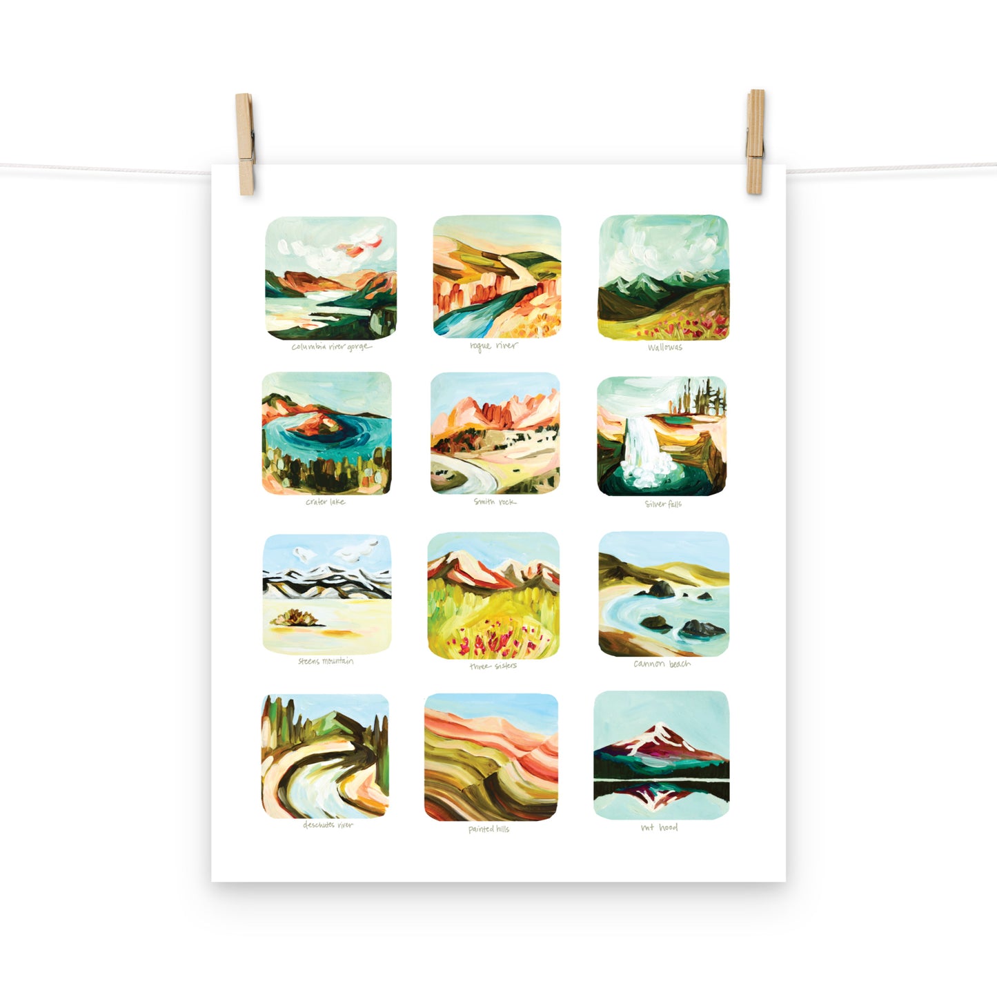 Oregon Colorful Art Print, Scenes of Oregon Art Print, 12 Oregon Mountains, Waterfalls and State Parks Art Print