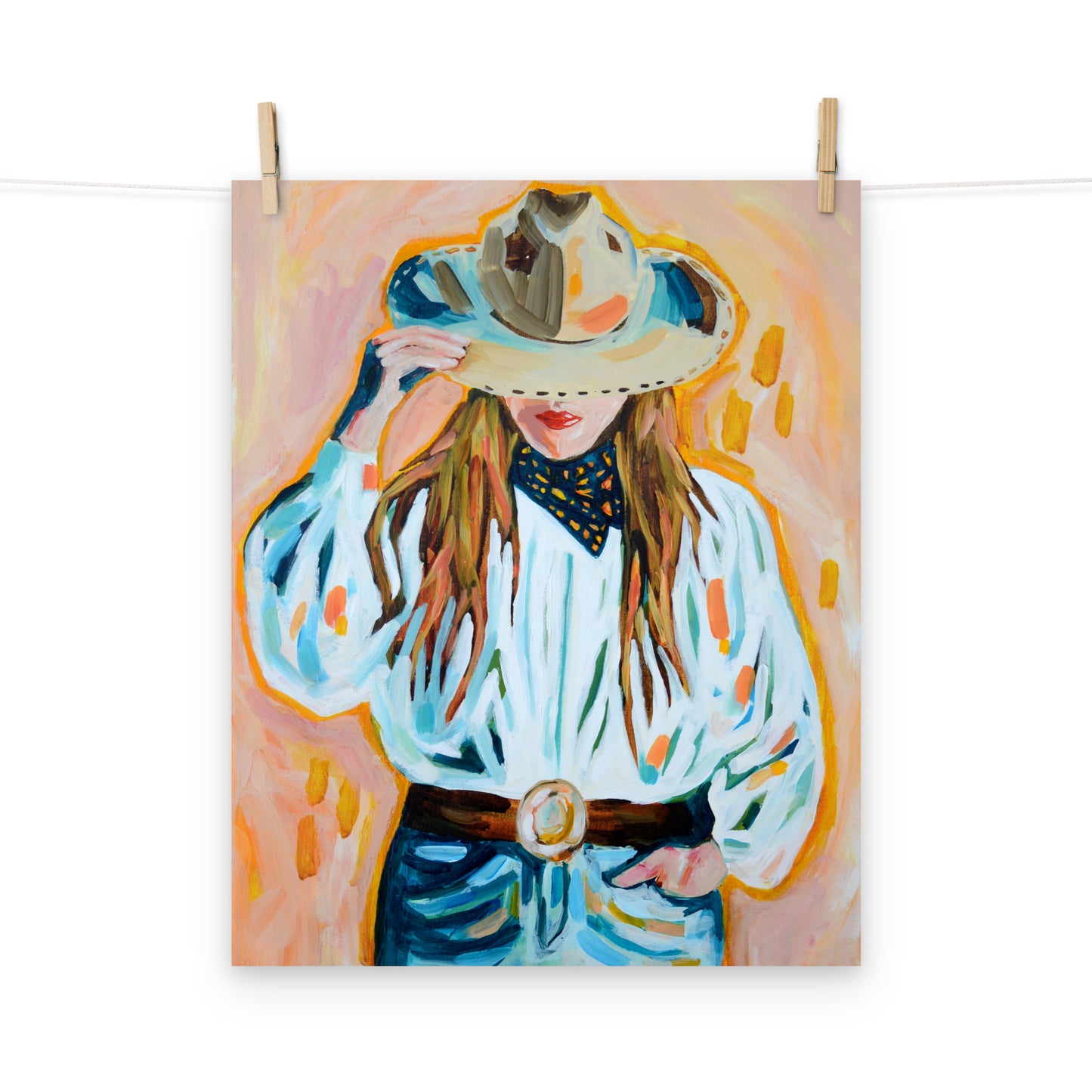 Cowgirl Western Archival Art Print with Cowboy Hat and Rodeo Queen Painting