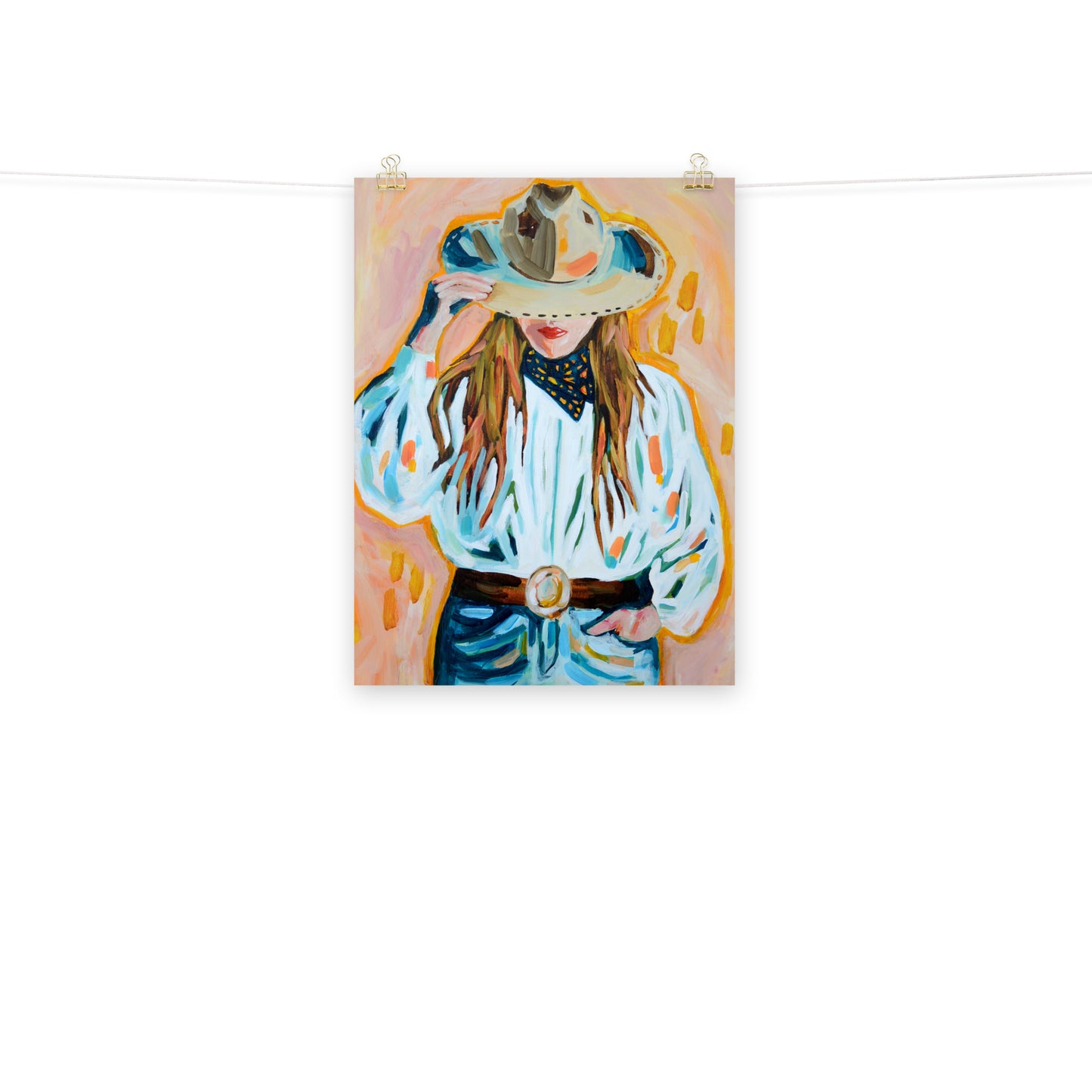 Cowgirl Western Archival Art Print with Cowboy Hat and Rodeo Queen Painting