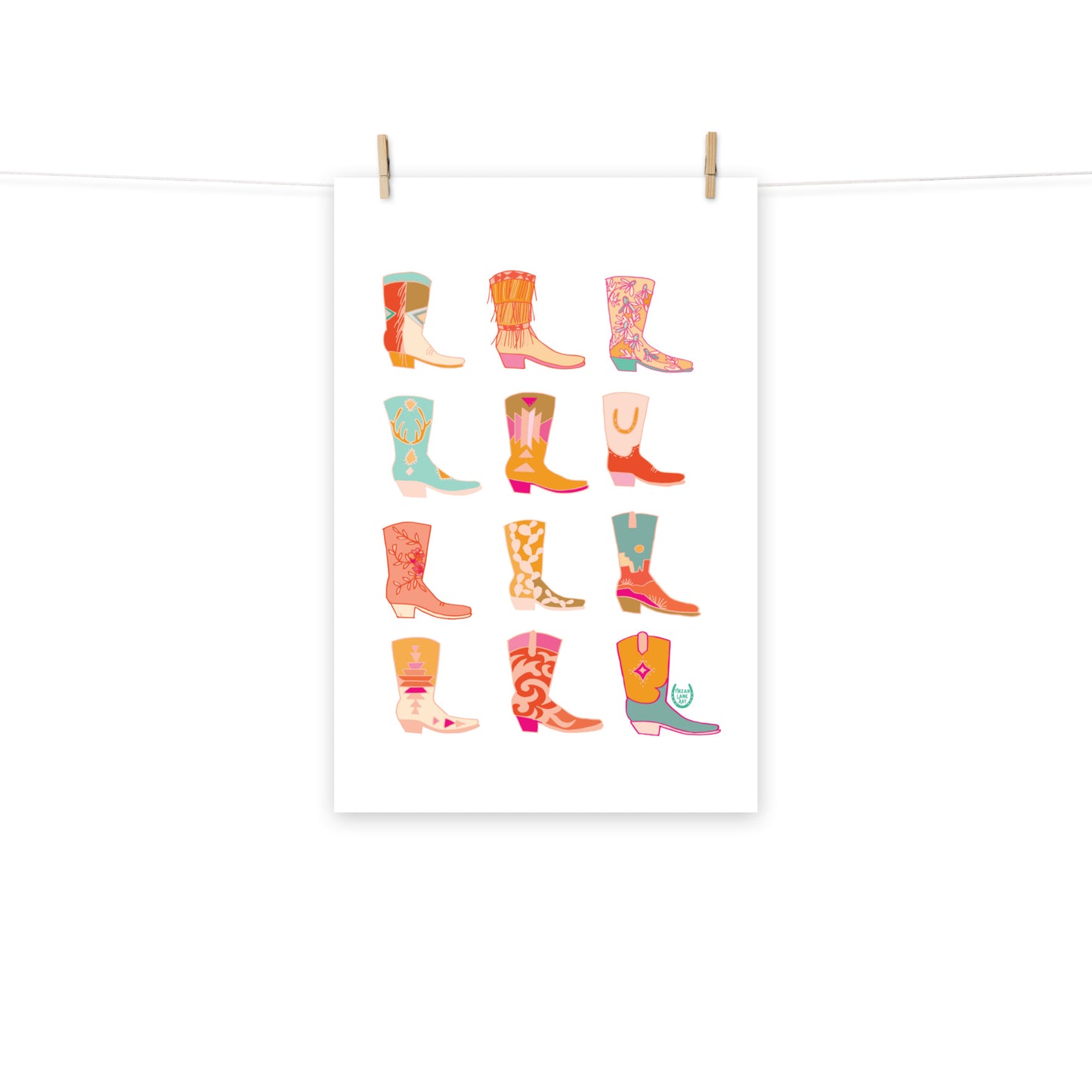Cowgirl Western Colorful Pink Art Print Cowboy Boots Wall Art