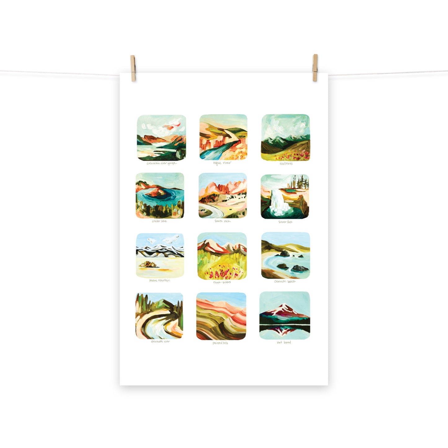 Oregon Colorful Art Print, Scenes of Oregon Art Print, 12 Oregon Mountains, Waterfalls and State Parks Art Print