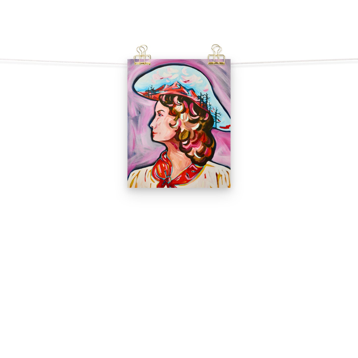 Cowgirl Art Print, Cowboy Hat Western, Mountain Range