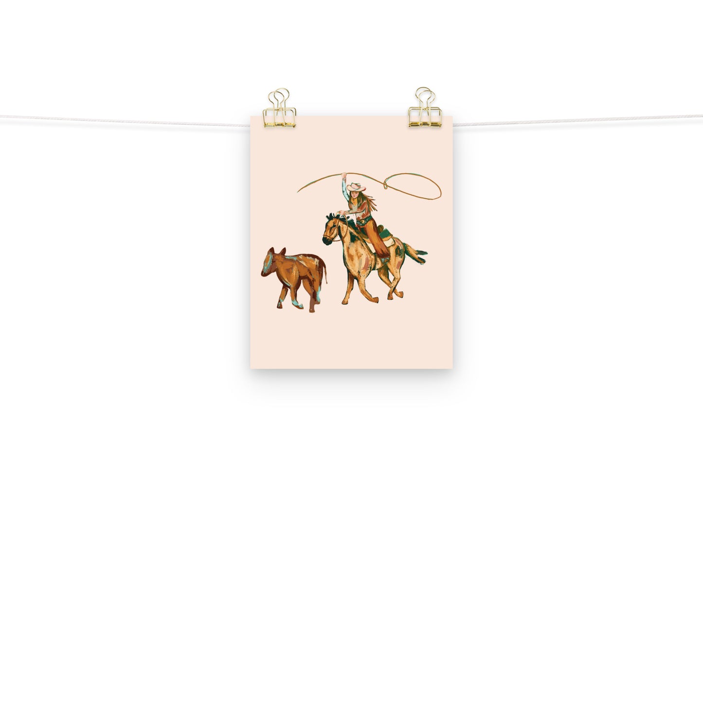 Rodeo Cowgirl with Calf Western Art Print
