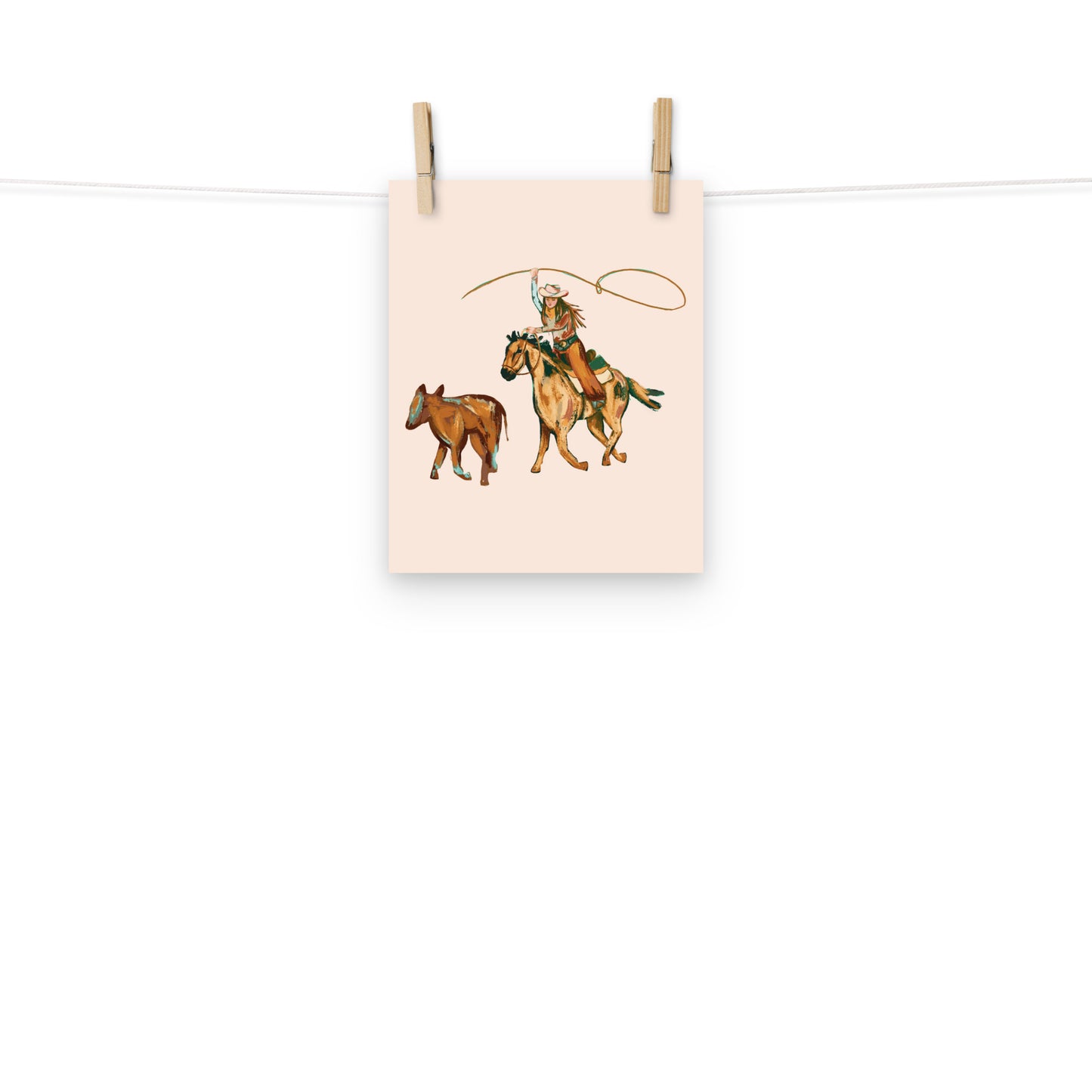 Rodeo Cowgirl with Calf Western Art Print