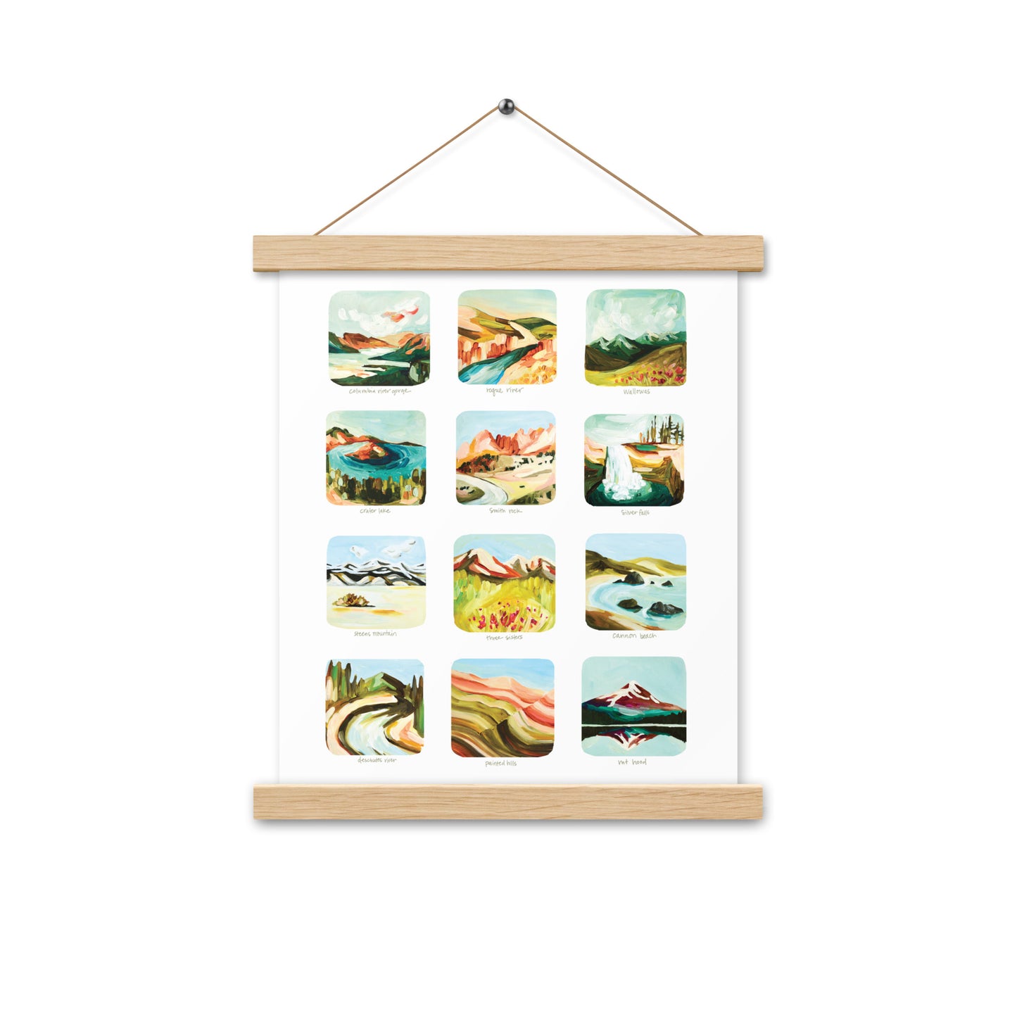 Oregon Colorful Art Print, Scenes of Oregon Art Print, 12 Oregon Mountains, Waterfalls and State Parks Art Print with Wooden hangers