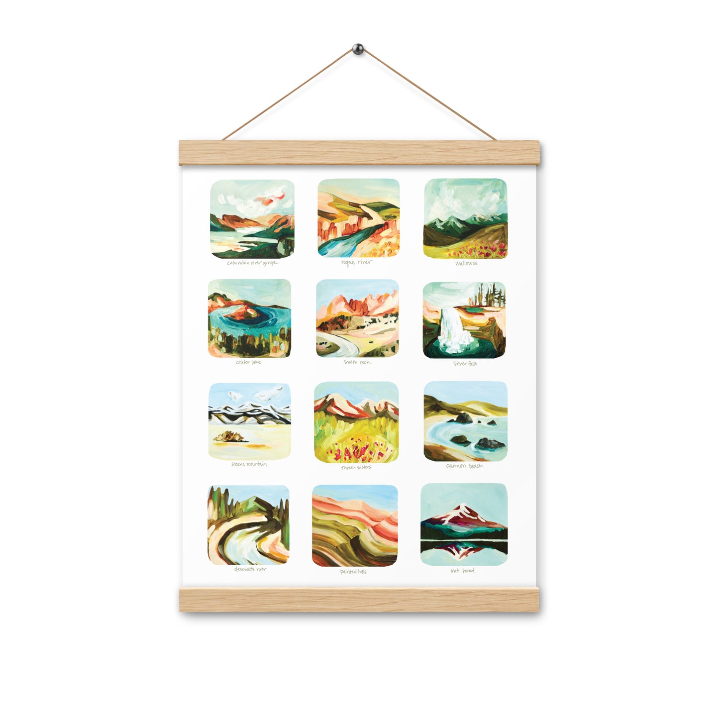 Oregon Colorful Art Print, Scenes of Oregon Art Print, 12 Oregon Mountains, Waterfalls and State Parks Art Print with Wooden hangers