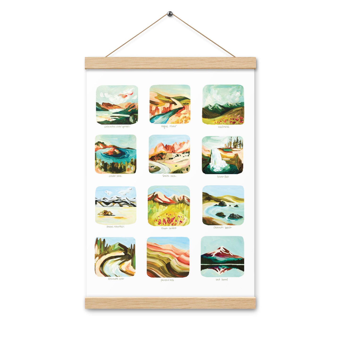 Oregon Colorful Art Print, Scenes of Oregon Art Print, 12 Oregon Mountains, Waterfalls and State Parks Art Print with Wooden hangers