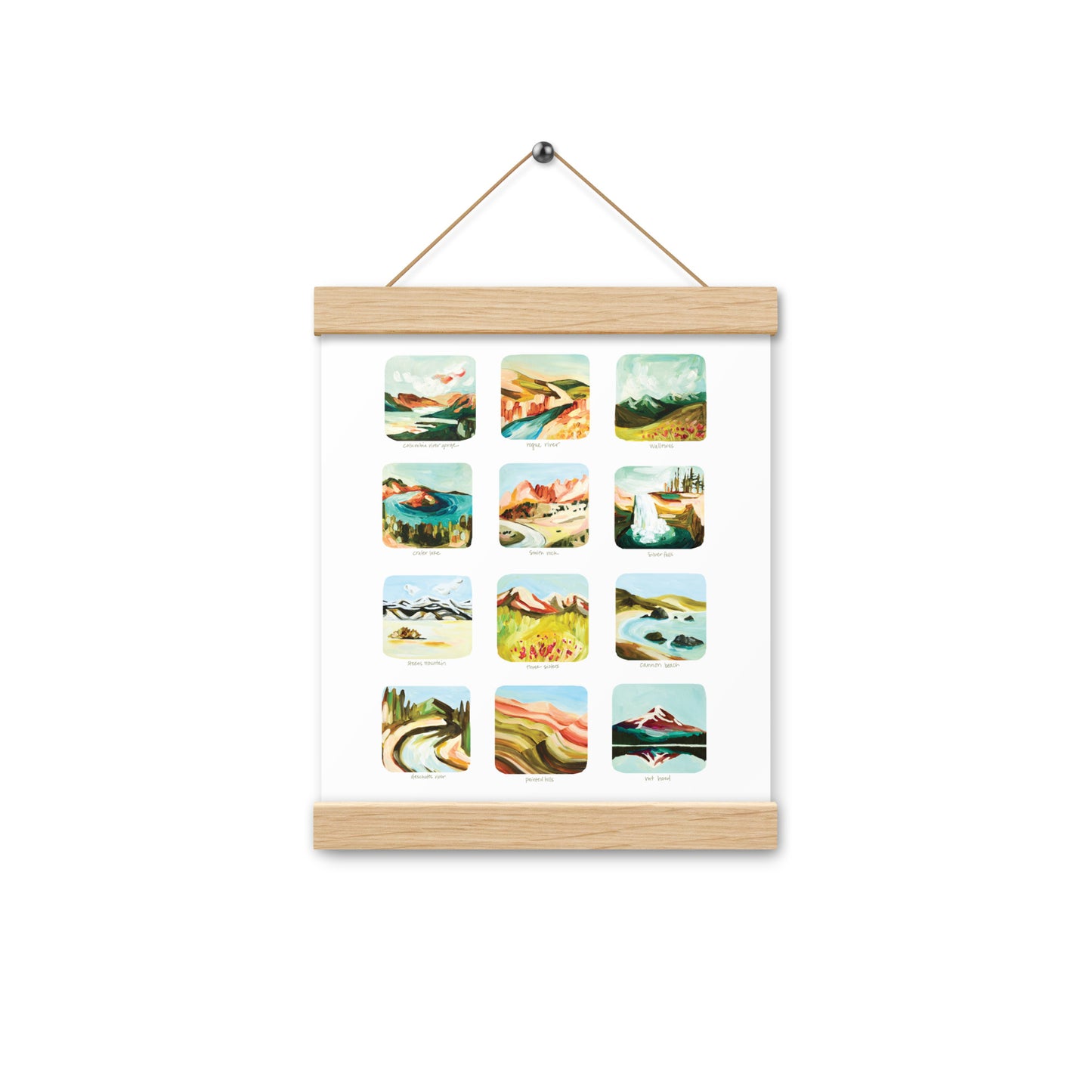 Oregon Colorful Art Print, Scenes of Oregon Art Print, 12 Oregon Mountains, Waterfalls and State Parks Art Print with Wooden hangers
