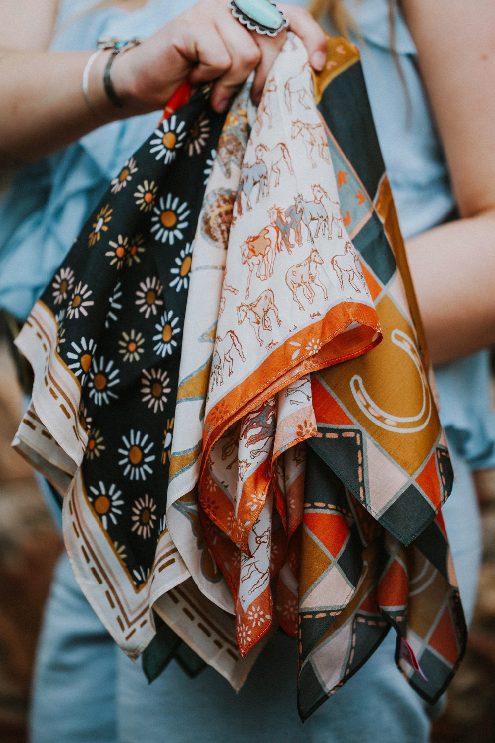 Urban cowgirl fashion with silk blend scarves