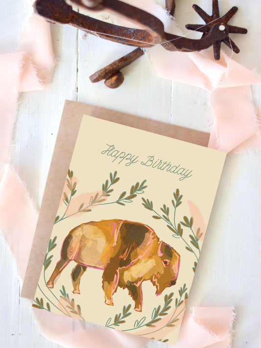 Sage Brush Botanical Bison Western Birthday Card