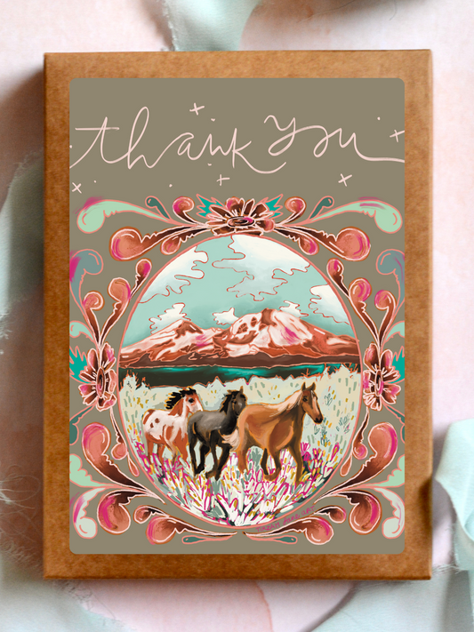 Wild Horse and Mountain Western Thank You Card Greeting Card Set