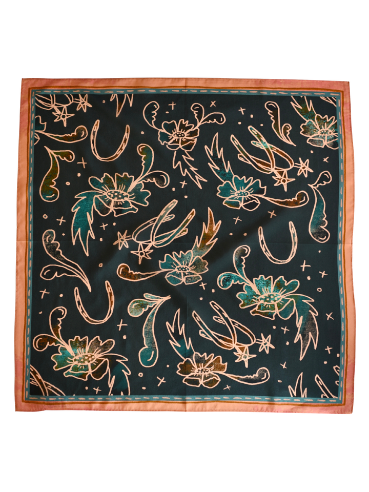 Spurs and Floral Turquoise and Peach Western Silk Wild Rag Scarf