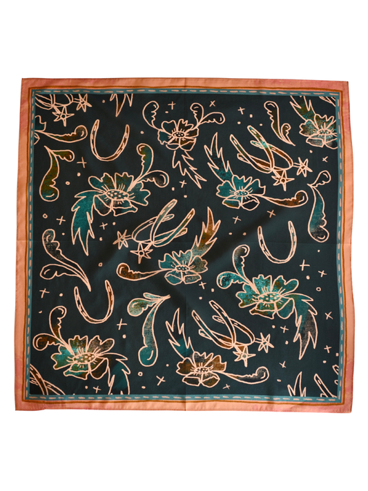 Western Silk Wild Rag Spurs and Floral Turquoise and Peach Scarf