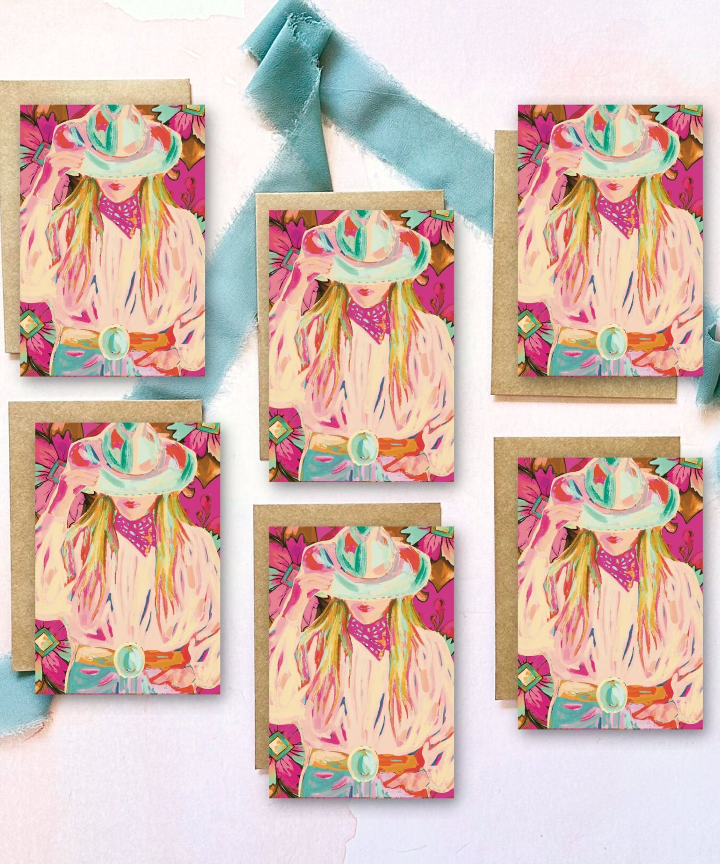 Mini Western Rodeo Cowgirl Hat Greeting Card Set