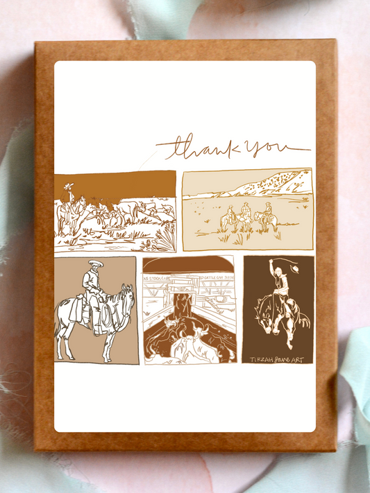 Vintage Western Ranching Sketches Thank You Card Greeting Card Set
