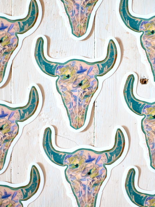 Floral Turquoise Colorful Cow Skull Western Waterproof Sticker