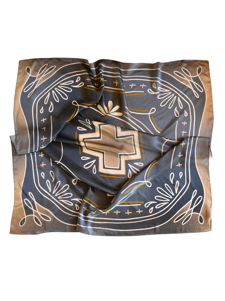 Blue Geometric Large 100% Mulberry Silk 35x35: Wild Rag Scarf