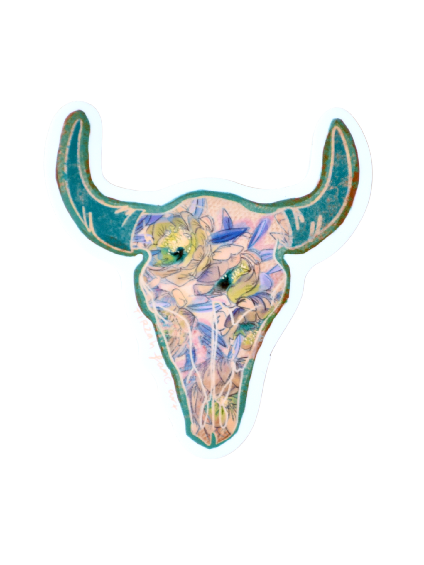 Floral Turquoise Colorful Cow Skull Western Waterproof Sticker