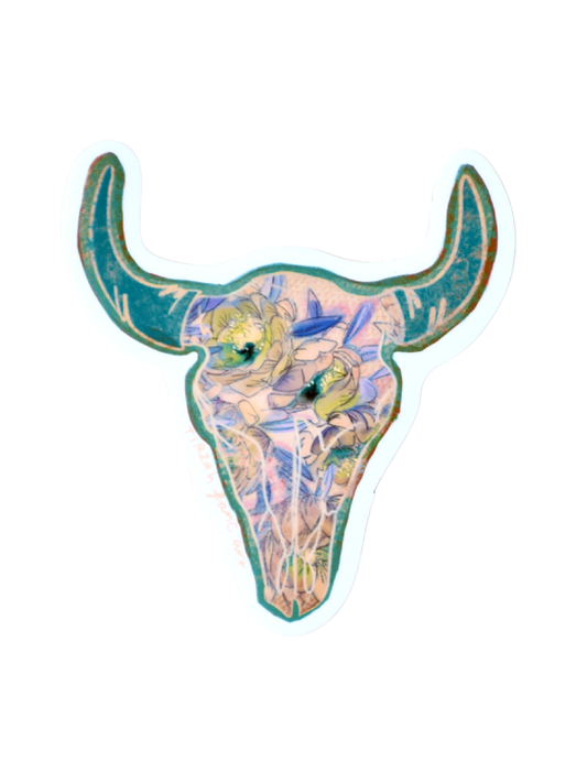 Floral Turquoise Colorful Cow Skull Western Waterproof Sticker