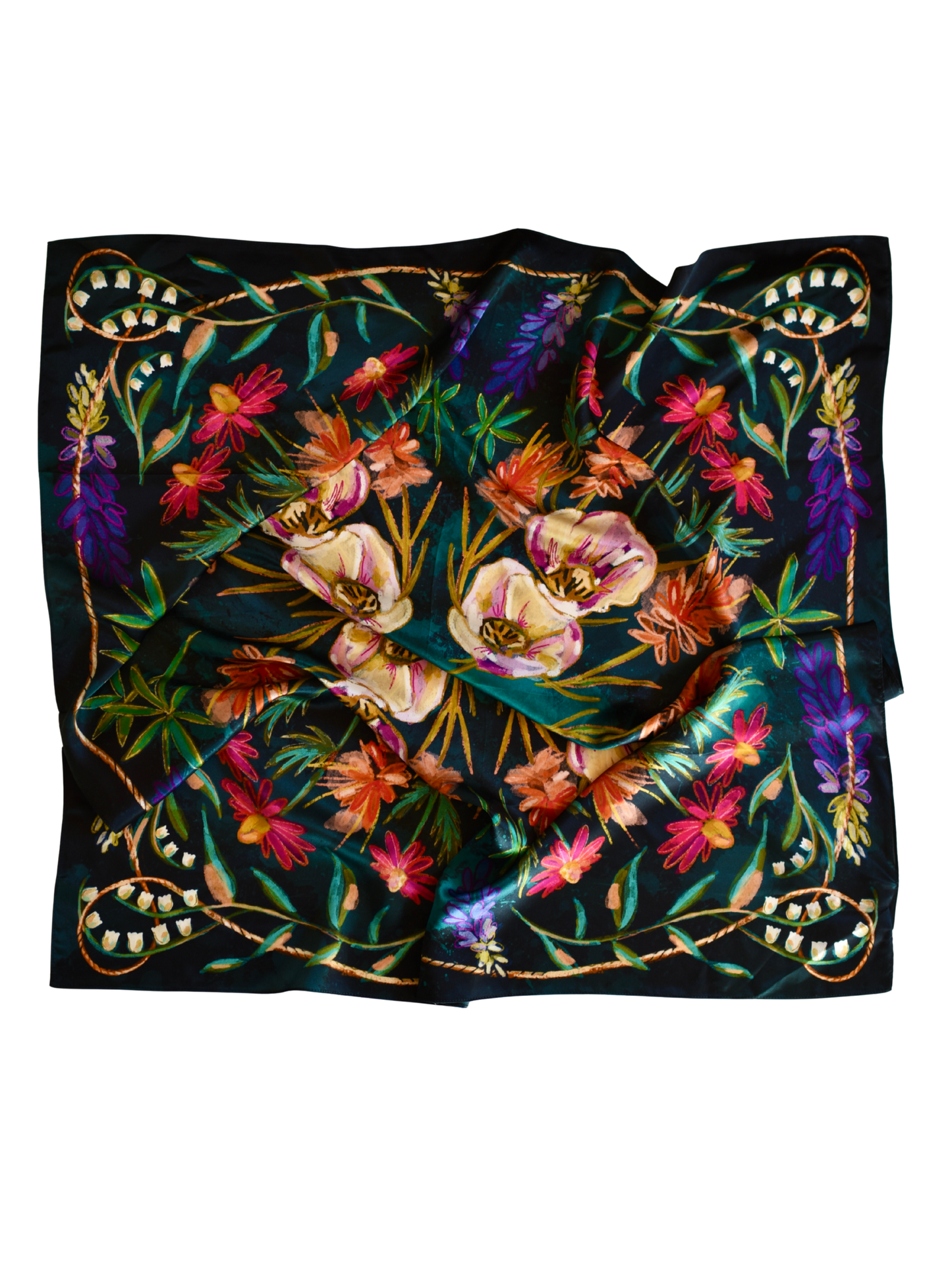 Large 100% Mulberry Silk 35x35: Vivid Wildflowers Western Cowgirl Wild Rag Scarf