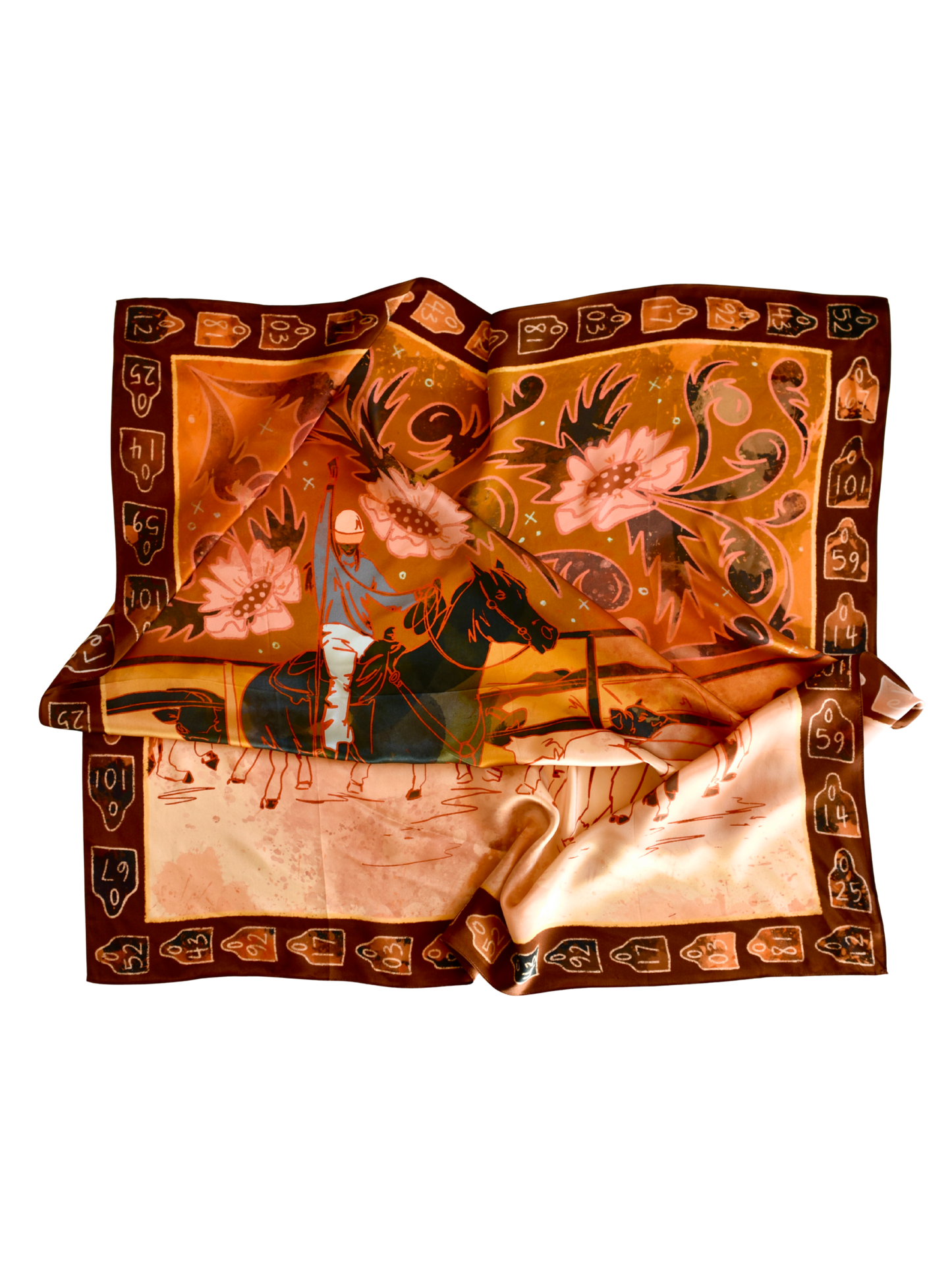 Large 100% Mulberry Silk 35x35: Round Up Floral Cattle Cowgirl Western Wild Rag