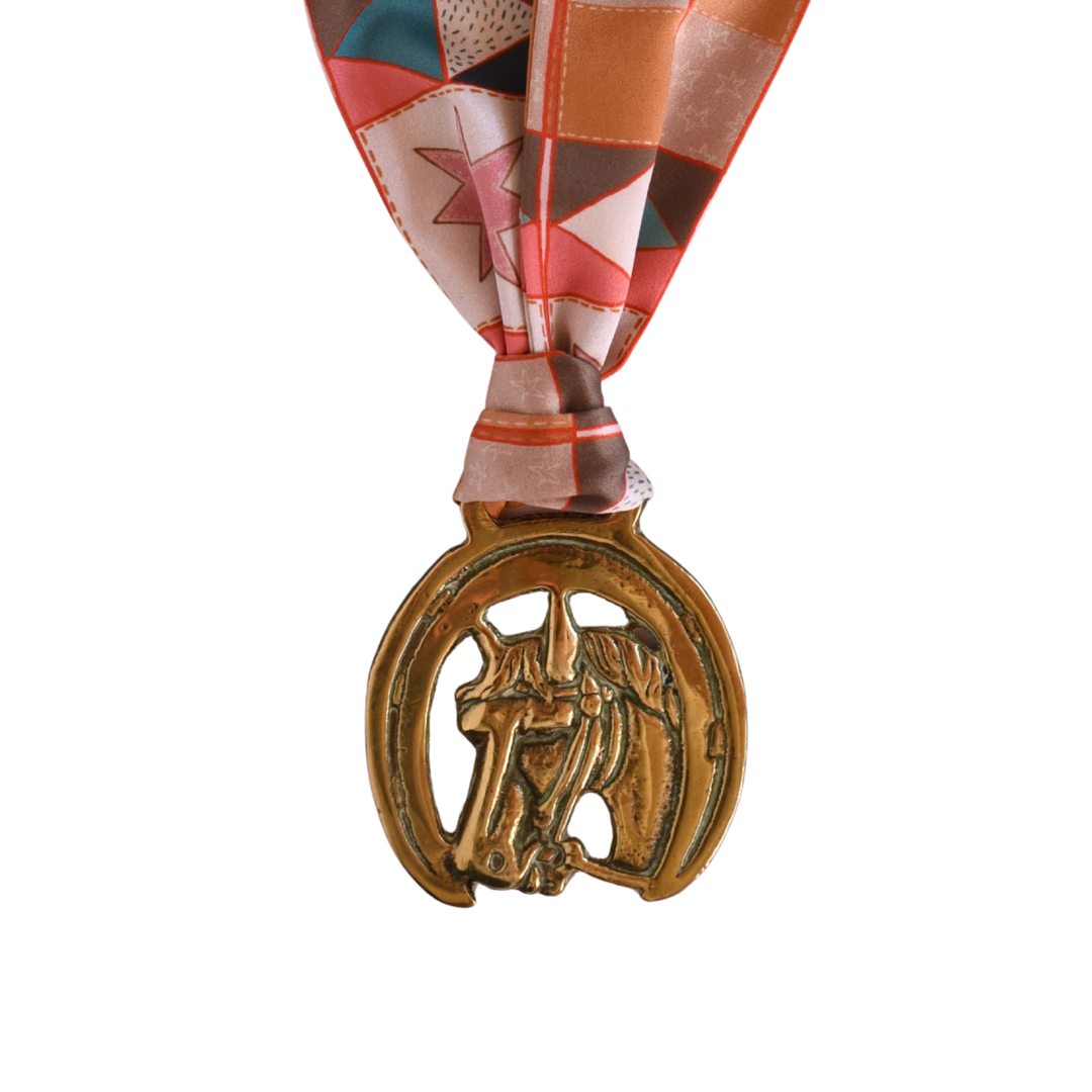 Vintage Horseshoe Brass Medallion Twilly Scarf Accessory