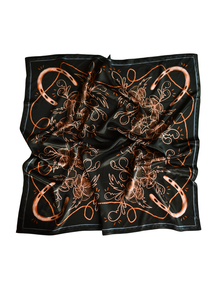 Navy Floral Horseshoe Cowgirl Scarf: Large 100% Mulberry Silk 35x35 Western Wild Rag